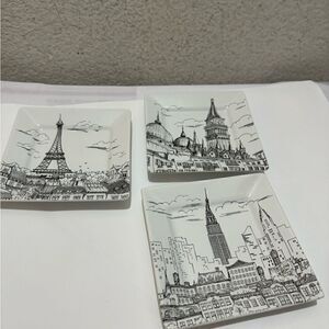 PLATES-BLACK WHITE CITY SCENE-SQUARE-1 LARGE 3 SMALL-222 FIFTH-MATCHING SET